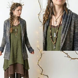 Mango Shawl Collar Long Cardigan XS Brown Gray Ombre Wool CableKnit Forest Indie